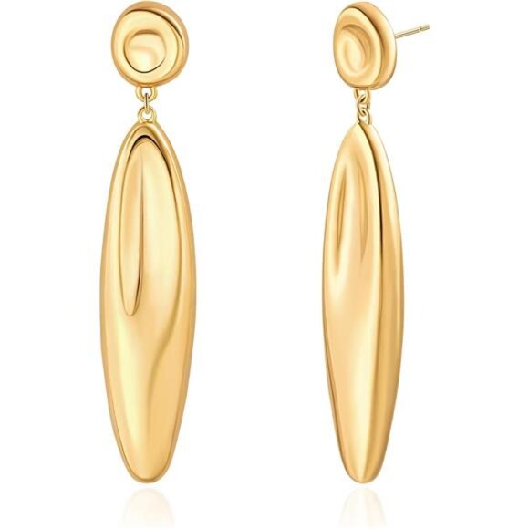 Pearl Long Gold Bar Earrings – Bamboo Leaf Inspired Statement Drops - Picture 1 of 6